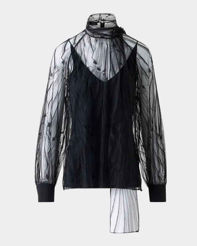 Long-Sleeve Flounce Lace Scarf Blouse